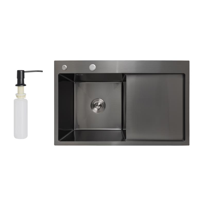 Мийка для кухні інтегрована Lidz Handmade H7849BR крило праворуч (LDH7849BRPVD43625) Brushed Black PVD 3,0/1,0 мм