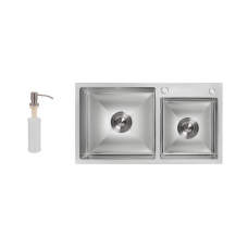 Мийка для кухні з двома чашами інтегрована Lidz Handmade H7843 (LDH7843BRU35387) Brushed Steel 3,0/1,0 мм